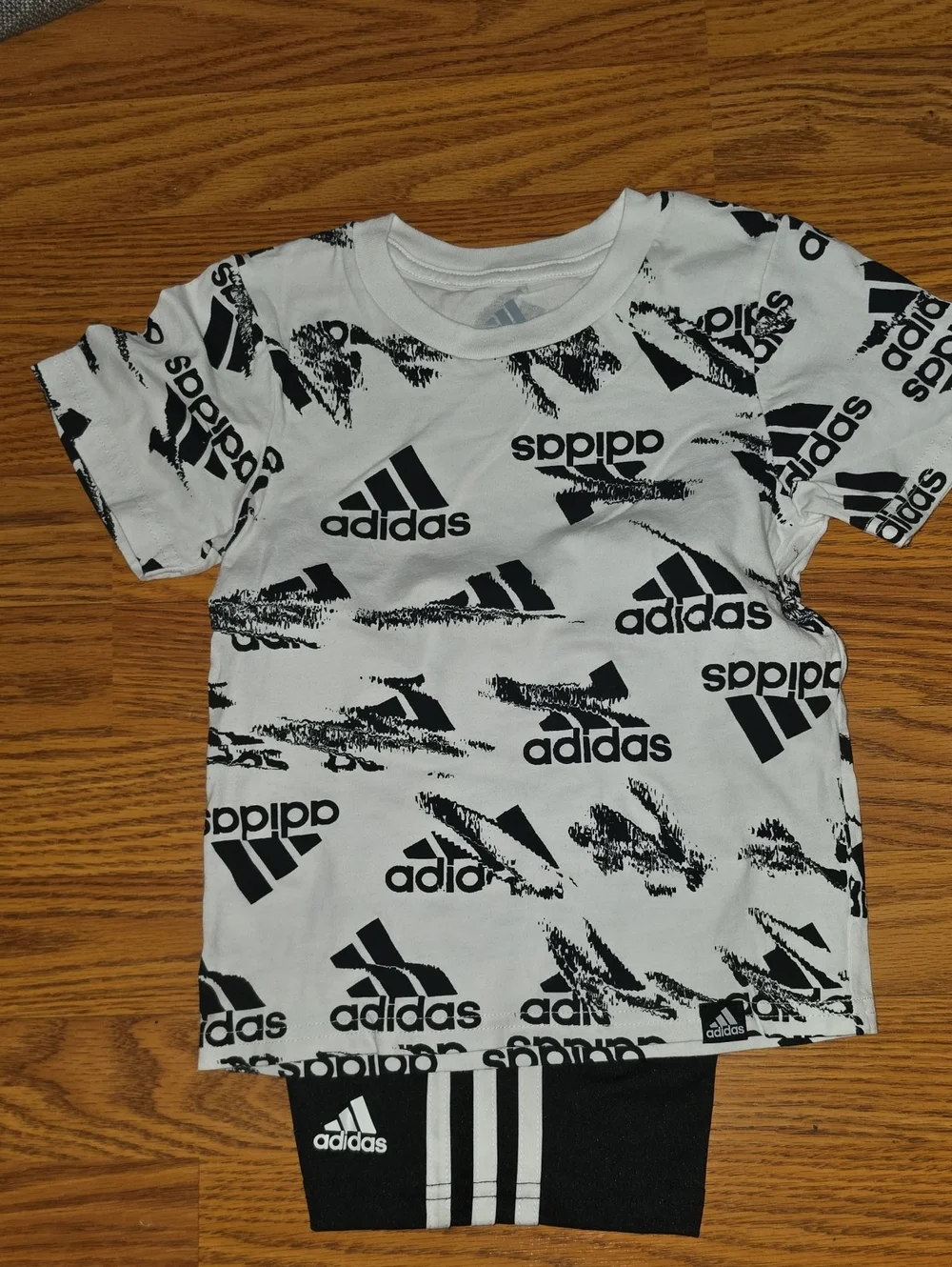 adidas White Tee with Black Allover Logo Print
